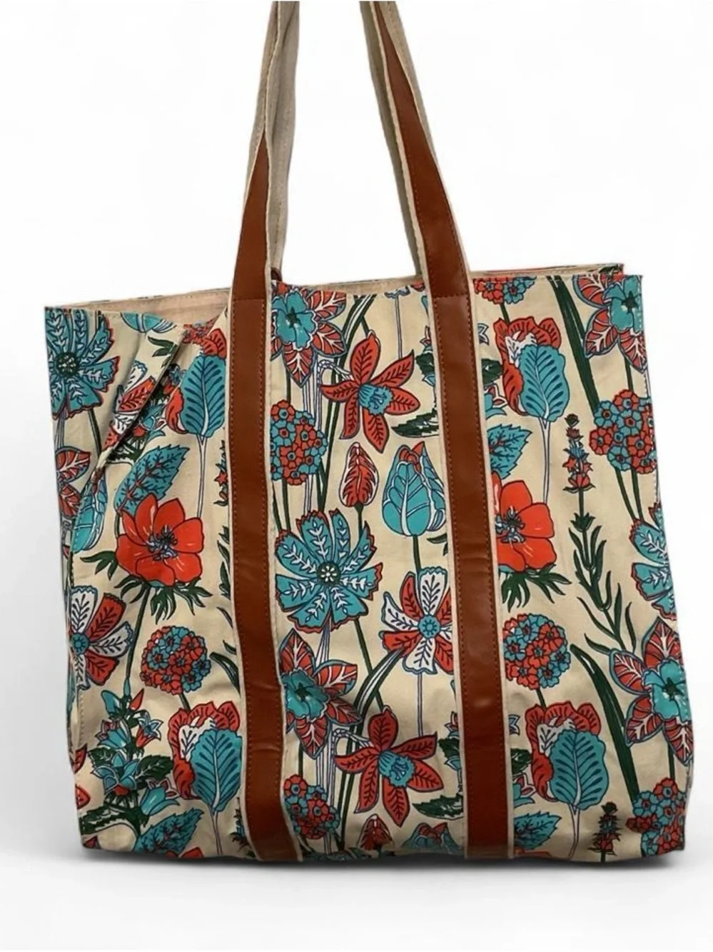 Canvas Floral Tote Bag with Brown Trim - Multicolor